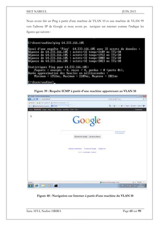 ISET NABEUL JUIN 2015
Sana AFLI, Nadine HRIRA Page 65 sur 99
Nous avons fait un Ping à partir d’une machine de VLAN 10 et une machine de VLAN 99
vers l’adresse IP de Google et nous avons pu naviguer sur internet comme l’indique les
figures qui suivent :
Figure 39 : Requête ICMP à partir d'une machine appartenant au VLAN 10
Figure 40 : Navigation sur Internet à partir d’une machine du VLAN 10
 