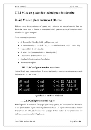 ISET NABEUL JUIN 2015
Sana AFLI, Nadine HRIRA Page 80 sur 99
III.2 Mise en place des techniques de sécurité
III.2.1 Mise en place du firewall pfSense
PfSense est un OS transformant n’importe quel ordinateur en routeur/pare-feu. Basé sur
FreeBSD, connu pour sa fiabilité et surtout sa sécurité, pfSense est un produit OpenSource
adapté à tout type d’entreprise.
Ses avantages principaux sont :
 Sa disponibilité (Base FreeBSD, load balancing, etc.)
 Sa confidentialité (HTTPS Web GUI, HTTPS authentification, IPSEC, PPTP, etc.)
 Ses possibilités de suivi et audits
 Sa mise à jour (packages visibles et téléchargeables)
 Une interface d’administration web
 Simplicité d’administration, d’installation
 Autonomie complète
III.2.1.1 Configuration des interfaces
Tout d'abord, nous avons configuré de nouvelles interfaces, dans notre cas nous avons trois
interfaces WAN, LAN et DMZ :
Figure 63 : Les interfaces du firewall
III.2.1.2 Configuration des règles
PfSense permet de réaliser un filtrage par protocole(s), port(s), sur chaque interface. Pour cela,
il faut paramétrer les règles dans l’onglet Firewall/Rules. Les règles fonctionnent de manière
hiérarchique. En effet, pfSense va « lire » les règles de haut en bas, et dès qu’il trouvera une
règle s'appliquant au trafic, il l'appliquera.
 