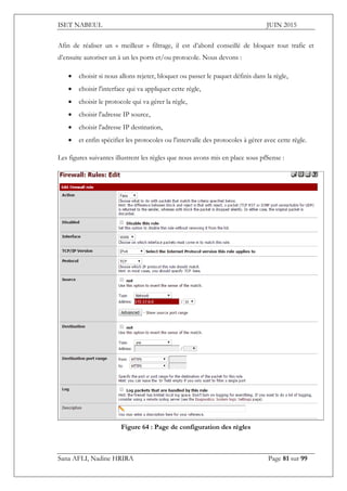 ISET NABEUL JUIN 2015
Sana AFLI, Nadine HRIRA Page 81 sur 99
Afin de réaliser un « meilleur » filtrage, il est d’abord conseillé de bloquer tout trafic et
d’ensuite autoriser un à un les ports et/ou protocole. Nous devons :
 choisir si nous allons rejeter, bloquer ou passer le paquet définis dans la règle,
 choisir l'interface qui va appliquer cette règle,
 choisir le protocole qui va gérer la règle,
 choisir l'adresse IP source,
 choisir l'adresse IP destination,
 et enfin spécifier les protocoles ou l'intervalle des protocoles à gérer avec cette règle.
Les figures suivantes illustrent les règles que nous avons mis en place sous pfSense :
Figure 64 : Page de configuration des règles
 