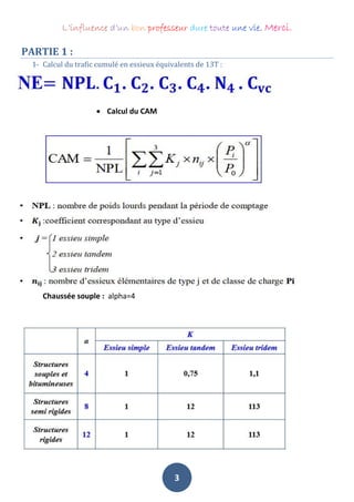L’influence d’un bon professeur dure toute une vie. Merci.
3
PARTIE 1 :
1- Calcul du trafic cumulé en essieux équivalents de 13T :
 Calcul du CAM
Chaussée souple : alpha=4
 