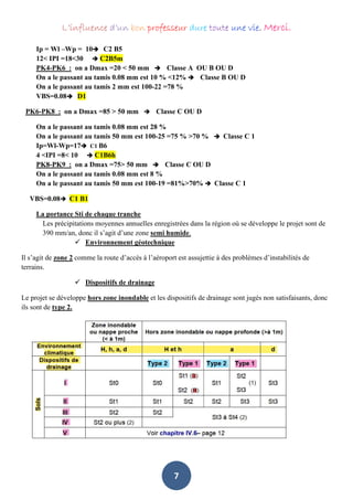 L’influence d’un bon professeur dure toute une vie. Merci.
7
Ip = Wl –Wp = 10 C2 B5
12< IPI =18<30  C2B5m
PK4-PK6 : on a Dmax =20 < 50 mm  Classe A OU B OU D
On a le passant au tamis 0.08 mm est 10 % <12%  Classe B OU D
On a le passant au tamis 2 mm est 100-22 =78 %
VBS=0.08 D1
PK6-PK8 : on a Dmax =85 > 50 mm  Classe C OU D
On a le passant au tamis 0.08 mm est 28 %
On a le passant au tamis 50 mm est 100-25 =75 % >70 %  Classe C 1
Ip=Wl-Wp=17 C1 B6
4 <IPI =8< 10  C1B6h
PK8-PK9 : on a Dmax =75> 50 mm  Classe C OU D
On a le passant au tamis 0.08 mm est 8 %
On a le passant au tamis 50 mm est 100-19 =81%>70%  Classe C 1
VBS=0.08 C1 B1
La portance Sti de chaque tranche
Les précipitations moyennes annuelles enregistrées dans la région où se développe le projet sont de
390 mm/an, donc il s’agit d’une zone semi humide.
 Environnement géotechnique
Il s’agit de zone 2 comme la route d’accès à l’aéroport est assujettie à des problèmes d’instabilités de
terrains.
 Dispositifs de drainage
Le projet se développe hors zone inondable et les dispositifs de drainage sont jugés non satisfaisants, donc
ils sont de type 2.
 