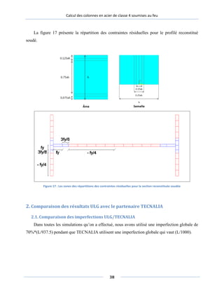 Calcul des colonnes en acier de classe 4 soumises au feu
La figure 17 présente la répartition des contraintes résiduelles pour le profilé reconstitué
soudé.
2. Comparaison des résultats ULG avec le partenaire TECNALIA
2.1. Comparaison des imperfections ULG/TECNALIA
Dans toutes les simulations qu’on a effectué, nous avons utilisé une imperfection globale de
70%*(L/937.5) pendant que TECNALIA utilisent une imperfection globale qui vaut (L/1000).
Figure 17 : Les zones des répartitions des contraintes résiduelles pour la section reconstituée soudée
38
 