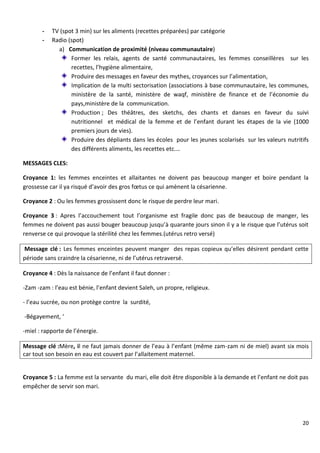 20
- TV (spot 3 min) sur les aliments (recettes préparées) par catégorie
- Radio (spot)
a) Communication de proximité (niveau communautaire)
Former les relais, agents de santé communautaires, les femmes conseillères sur les
recettes, l’hygiène alimentaire,
Produire des messages en faveur des mythes, croyances sur l’alimentation,
Implication de la multi sectorisation (associations à base communautaire, les communes,
ministère de la santé, ministère de waqf, ministère de finance et de l’économie du
pays,ministère de la communication.
Production ; Des théâtres, des sketchs, des chants et danses en faveur du suivi
nutritionnel et médical de la femme et de l’enfant durant les étapes de la vie (1000
premiers jours de vies).
Produire des dépliants dans les écoles pour les jeunes scolarisés sur les valeurs nutritifs
des différents aliments, les recettes etc.…
MESSAGES CLES:
Croyance 1: les femmes enceintes et allaitantes ne doivent pas beaucoup manger et boire pendant la
grossesse car il ya risqué d’avoir des gros fœtus ce qui amènent la césarienne.
Croyance 2 : Ou les femmes grossissent donc le risque de perdre leur mari.
Croyance 3 : Apres l’accouchement tout l’organisme est fragile donc pas de beaucoup de manger, les
femmes ne doivent pas aussi bouger beaucoup jusqu’à quarante jours sinon il y a le risque que l’utérus soit
renverse ce qui provoque la stérilité chez les femmes.(utérus retro versé)
Message clé : Les femmes enceintes peuvent manger des repas copieux qu’elles désirent pendant cette
période sans craindre la césarienne, ni de l’utérus retraversé.
Croyance 4 : Dès la naissance de l’enfant il faut donner :
-Zam -zam : l’eau est bénie, l’enfant devient Saleh, un propre, religieux.
- l’eau sucrée, ou non protège contre la surdité,
-Bégayement, ‘
-miel : rapporte de l’énergie.
Message clé :Mère, il ne faut jamais donner de l’eau à l’enfant (même zam-zam ni de miel) avant six mois
car tout son besoin en eau est couvert par l’allaitement maternel.
Croyance 5 : La femme est la servante du mari, elle doit être disponible à la demande et l’enfant ne doit pas
empêcher de servir son mari.
 