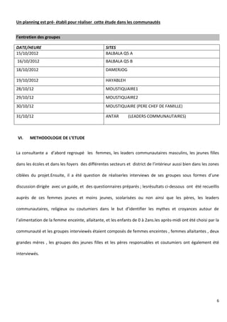 6
Un planning est pré- établi pour réaliser cette étude dans les communautés
l’entretien des groupes
DATE/HEURE SITES
15/10/2012 BALBALA Q5 A
16/10/2012 BALBALA Q5 B
18/10/2012 DAMERJOG
19/10/2012 HAYABLEH
28/10/12 MOUSTIQUAIRE1
29/10/12 MOUSTIQUAIRE2
30/10/12 MOUSTIQUAIRE (PERE CHEF DE FAMILLE)
31/10/12 ANTAR (LEADERS COMMUNAUTAIRES)
VI. METHODOLOGIE DE L’ETUDE
La consultante a d’abord regroupé les femmes, les leaders communautaires masculins, les jeunes filles
dans les écoles et dans les foyers des différentes secteurs et district de l’intérieur aussi bien dans les zones
ciblées du projet.Ensuite, il a été question de réaliserles interviews de ses groupes sous formes d’une
discussion dirigée avec un guide, et des questionnaires préparés ; lesrésultats ci-dessous ont été recueillis
auprès de ces femmes jeunes et moins jeunes, scolarisées ou non ainsi que les pères, les leaders
communautaires, religieux ou coutumiers dans le but d’identifier les mythes et croyances autour de
l’alimentation de la femme enceinte, allaitante, et les enfants de 0 à 2ans.les après-midi ont été choisi par la
communauté et les groupes interviewés étaient composés de femmes enceintes , femmes allaitantes , deux
grandes mères , les groupes des jeunes filles et les pères responsables et coutumiers ont également été
interviewés.
 