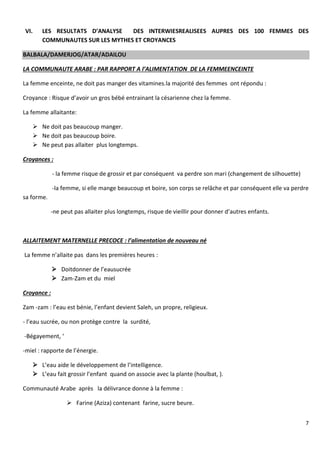 7
VI. LES RESULTATS D’ANALYSE DES INTERWIESREALISEES AUPRES DES 100 FEMMES DES
COMMUNAUTES SUR LES MYTHES ET CROYANCES
BALBALA/DAMERJOG/ATAR/ADAILOU
LA COMMUNAUTE ARABE : PAR RAPPORT A l’ALIMENTATION DE LA FEMMEENCEINTE
La femme enceinte, ne doit pas manger des vitamines.la majorité des femmes ont répondu :
Croyance : Risque d’avoir un gros bébé entrainant la césarienne chez la femme.
La femme allaitante:
 Ne doit pas beaucoup manger.
 Ne doit pas beaucoup boire.
 Ne peut pas allaiter plus longtemps.
Croyances :
- la femme risque de grossir et par conséquent va perdre son mari (changement de silhouette)
-la femme, si elle mange beaucoup et boire, son corps se relâche et par conséquent elle va perdre
sa forme.
-ne peut pas allaiter plus longtemps, risque de vieillir pour donner d’autres enfants.
ALLAITEMENT MATERNELLE PRECOCE : l’alimentation de nouveau né
La femme n’allaite pas dans les premières heures :
 Doitdonner de l’eausucrée
 Zam-Zam et du miel
Croyance :
Zam -zam : l’eau est bénie, l’enfant devient Saleh, un propre, religieux.
- l’eau sucrée, ou non protège contre la surdité,
-Bégayement, ‘
-miel : rapporte de l’énergie.
 L’eau aide le développement de l’intelligence.
 L’eau fait grossir l’enfant quand on associe avec la plante (houlbat, ).
Communauté Arabe après la délivrance donne à la femme :
 Farine (Aziza) contenant farine, sucre beure.
 