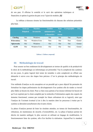 8
Réalisé par Éric OBONO
de son parc. Il effectue le contrôle et le suivi des opérations techniques et
financières et optime la gestion du parc avec l’ajout de modules. [5]
Le tableau ci-dessous résume les fonctionnalités de chacune des solutions présentées
plus haut.
Accès au
Helpdesk
Machine
inventoriée
Gestion
administrative
et financière
Scan
du
réseau
Cartographie Prix
Clarilog Oui Windows Oui Oui Oui Payant
H-inventory Oui Windows/Unix Non Oui Non Gratuit
Spiceworks Oui Windows Oui Oui Oui Gratuit
GLPI Oui Windows/Unix Oui Oui Oui Gratuit
Tableau 1: Tableau comparatif
III- Méthodologie de travail
Pour assurer un bon rendement de développement en termes de qualité et de productivité
le choix de la méthodologie en informatique est primordial. Vue la complexité des systèmes
de nos jours, le génie logiciel doit tenter de remédier à cette complexité en offrant une
démarche à suivre avec des étapes bien précises .C’est le principe des méthodologies de
travail.
Une méthode d’analyse ou de conception est un procédé qui a pour objectif de permettre de
formaliser les étapes préliminaires du développement d’un système afin de rendre ce travail
plus fidèle au besoin du client. Pour ce faire nous partons d’un énoncé informel (le besoin tel
qu’il est exprimé par le client complété par la recherche d’information auprès des experts du
domaine fonctionnel, comme par exemple les futurs utilisateurs de ce logiciel), ainsi que
l’analyse de l’existant éventuel (c’est à dire la manière dont les processus à traiter par le
système se déroulent actuellement chez d autre client).
La phase d’analyse permet de lister les résultats attendus, en termes de fonctionnalités, de
robustesse, de maintenance de sécurité, d’extensibilités, etc. La phase d’analyse permet de
décrire de manière ambiguë, le plus souvent en utilisant un langage de modélisation, le
fonctionnement futur du système, afin d’en faciliter la réalisation. Aujourd’hui le standard
 