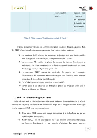11
Réalisé par Éric OBONO
fonctionnalité
testée.
pression sur
l’ensemble
des membres
de l’équipe de
développeme
nt.
Tableau 2: Tableau comparatif des différentes technologies de Travail
L’étude comparative réalisé sur les trois principaux processus de développement Rup,
Xp, 2TUP résumé dans le tableau nous permet de tirer les conclusions suivantes :
 Le processus RUP néglige les contraintes techniques qui sont indispensables
dans notre projet, nous avons par conséquent choisie de l’écarter ;
 Le processus XP néglige la phase de capture de besoins fonctionnels et
techniques et la phase de conception et donne une grande importance à la phase
de développement, il est par conséquent écarté ;
 Le processus 2TUP permet en particulier de séparer les contraintes
fonctionnelles des contraintes techniques érigées sous forme de deux branches
permettant de les exploiter parallèlement ;
 CASCADE est un processus séquentiel et non itératif ;
 Scrum quant à lui subdivise les différentes phases du projet en sprint qui en
théorie ne dépasse pas 30 jours.
2. Choix de la méthodologie de travail
Suite à l’étude et à la comparaison des principaux processus de développement et afin de
contrôler les risques et de mener à bon terme notre projet vu sa complexité, nous avons opté
pour le processus 2TUP pour plusieurs raisons :
 D’une part, 2TUP donne une grande importance à la technologie ce qui est
important pour notre projet ;
 D’autre part, 2TUP est un processus en Y qui contient une branche technique,
une branche fonctionnelle et une branche réalisation. Les deux branches
 