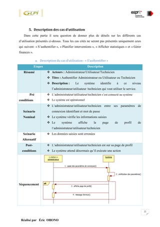 22
Réalisé par Éric OBONO
5. Description des cas d’utilisation
Dans cette partie il sera question de donner plus de détails sur les différents cas
d’utilisation présentés ci-dessus. Tous les cas cités ne seront pas présentés uniquement ceux
qui suivent: « S’authentifier », « Planifier interventions », « Afficher statistiques » et « Gérer
finances ».
a. Description du cas d’utilisation : « S’authentifier »
Etapes Description
Résumé  Acteurs : Administrateur/Utilisateur/Technicien
 Titre : Authentifier Administrateur ou Utilisateur ou Technicien
 Description : Le système identifie à ce niveau
l’administrateur/utilisateur /technicien qui veut utiliser le service.
Pré
conditions
 L’administrateur/utilisateur/technicien s’est connecté au système
 Le système est opérationnel
Scénario
Nominal
 L’administrateur/utilisateur/technicien entre ses paramètres de
connexion identifiant et mot de passe
 Le système vérifie les informations saisies
 Le système affiche la page de profil de
l’administrateur/utilisateur/technicien
Scénario
Alternatif
 Les données saisies sont erronées
Post-
conditions
 L’administrateur/utilisateur/technicien est sur sa page de profil
 Le système attend désormais qu’il exécute une action
Séquencement alt
administrateur
<<Actor>> Système
1 : saisie des paramètres de connexion()
2 : vérification des paramètres()
3 : affiche page de profil()
4 : message d'erreur()
 