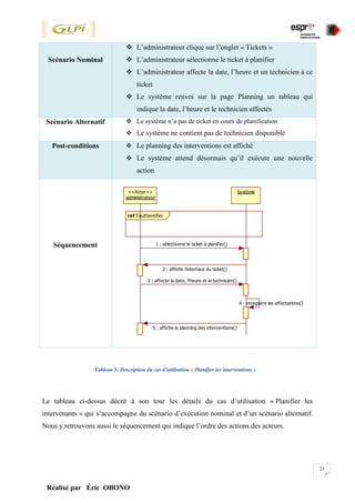 25
Réalisé par Éric OBONO
Scénario Nominal
 L’administrateur clique sur l’onglet « Tickets »
 L’administrateur sélectionne le ticket à planifier
 L’administrateur affecte la date, l’heure et un technicien à ce
ticket
 Le système renvoi sur la page Planning un tableau qui
indique la date, l’heure et le technicien affectés
Scénario Alternatif  Le système n’a pas de ticket en cours de planification
 Le système ne contient pas de technicien disponible
Post-conditions  Le planning des interventions est affiché
 Le système attend désormais qu’il exécute une nouvelle
action
Séquencement
Tableau 5: Description du cas d’utilisation « Planifier les interventions »
Le tableau ci-dessus décrit à son tour les détails du cas d’utilisation « Planifier les
intervenants » qui s’accompagne du scénario d’exécution nominal et d’un scénario alternatif.
Nous y retrouvons aussi le séquencement qui indique l’ordre des actions des acteurs.
S'authentifierref
administrateur
<<Actor>> Système
1 : sélectionne le ticket à planifier()
2 : affiche l'interface du ticket()
3 : affecte la date, l'heure et le technicien()
4 : enregistre les affectations()
5 : affiche le planning des interventions()
 