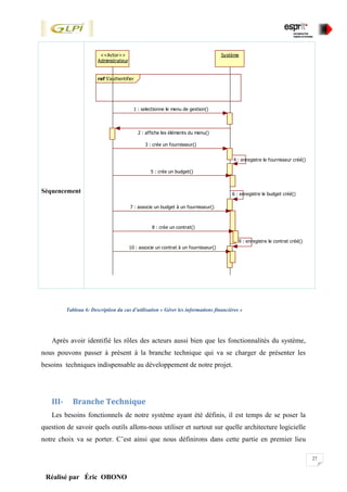 27
Réalisé par Éric OBONO
Séquencement
Tableau 6: Description du cas d’utilisation « Gérer les informations financières »
Après avoir identifié les rôles des acteurs aussi bien que les fonctionnalités du système,
nous pouvons passer à présent à la branche technique qui va se charger de présenter les
besoins techniques indispensable au développement de notre projet.
III- Branche Technique
Les besoins fonctionnels de notre système ayant été définis, il est temps de se poser la
question de savoir quels outils allons-nous utiliser et surtout sur quelle architecture logicielle
notre choix va se porter. C’est ainsi que nous définirons dans cette partie en premier lieu
S'authentifierref
Administrateur
<<Actor>> Système
1 : selectionne le menu de gestion()
2 : affiche les éléments du menu()
3 : crée un fournisseur()
4 : enregistre le fournisseur créé()
5 : crée un budget()
6 : enregistre le budget créé()
7 : associe un budget à un fournisseur()
8 : crée un contrat()
9 : enregistre le contrat créé()
10 : associe un contrat à un fournisseur()
 