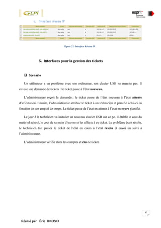 47
Réalisé par Éric OBONO
c. Interface réseau IP
Figure 22: Interface Réseau IP
5. Interfaces pour la gestion des tickets
 Scénario
Un utilisateur a un problème avec son ordinateur, son clavier USB ne marche pas. Il
envoie une demande de tickets : le ticket passe à l’état nouveau.
L’administrateur reçoit la demande : le ticket passe de l’état nouveau à l’état attente
d’affectation. Ensuite, l’administrateur attribue le ticket à un technicien et planifie celui-ci en
fonction de son emploi de temps. Le ticket passe de l’état en attente à l’état en cours planifié.
Le jour J le technicien va installer un nouveau clavier USB sur ce pc. Il établit le cout du
matériel acheté, le cout de sa main d’œuvre et les affecte à ce ticket. Le problème étant résolu,
le technicien fait passer le ticket de l’état en cours à l’état résolu et envoi un suivi à
l’administrateur.
L’administrateur vérifie alors les comptes et clos le ticket.
 
