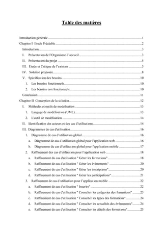 Table des matières
Introduction générale..............................................................................................................1
Chapitre I Etude Préalable .....................................................................................................2
Introduction ........................................................................................................................3
I. Présentation de l’Organisme d’accueil .........................................................................3
II. Présentation du projet ..................................................................................................5
III. Etude et Critique de l’existant .....................................................................................5
IV. Solution proposée........................................................................................................8
V. Spécification des besoins ...........................................................................................10
1. Les besoins fonctionnels.........................................................................................10
2. Les besoins non fonctionnels ..................................................................................10
Conclusion........................................................................................................................11
Chapitre II Conception de la solution...................................................................................12
I. Méthodes et outils de modélisation ............................................................................13
1. Langage de modélisation (UML) ............................................................................13
2. L'outil de modélisation ...........................................................................................14
II. Identification des acteurs et des cas d’utilisations.......................................................14
III. Diagrammes de cas d'utilisation..................................................................................16
1. Diagramme de cas d’utilisation global....................................................................16
a. Diagramme de cas d’utilisation global pour l'application web .............................16
b. Diagramme du cas d’utilisation global pour l'application mobile.........................17
2. Raffinement des cas d’utilisation pour l’application web ........................................18
a. Raffinement du cas d'utilisation " Gérer les formations"......................................18
b. Raffinement de cas d'utilisation " Gérer les événements" ....................................20
c. Raffinement de cas d'utilisation " Gérer les inscriptions".....................................20
d. Raffinement de cas d'utilisation " Gérer les participations"..................................21
3. Raffinement de cas d’utilisation pour l’application mobile .....................................22
a. Raffinement de cas d'utilisation " Inscrire"..........................................................22
b. Raffinement de cas d'utilisation " Consulter les catégories des formations" .........23
c. Raffinement de cas d'utilisation " Consulter les types des formations".................24
d. Raffinement de cas d'utilisation " Consulter les actualités des événements".........24
e. Raffinement de cas d'utilisation " Consulter les détails des formations"...............25
 