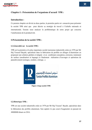 17
Chapitre I : Présentation de l’organisme d’accueil TPR :
Introduction :
Ce premier chapitre est divisé en deux parties, la première partie est consacrée pour présenter
la société TPR ainsi que pour décrire sa stratégie de travail à l’échelle nationale et
internationale. Ensuite nous analyser la problématique de notre projet qui concerne
l’amélioration de la productivité.
I-Présentation de la société TPR :
I.1.Géneralité sur la société TPR :
TPR est la première et la plus importante société tunisienne industrielle créée en 1978 par Mr
Haj Youssef Bayahi, spécialisée dans la fabrication de profilés en alliages d’aluminium en
proposant une solution globale et intégrée et en combinant conception, extrusion, traitement
de surface (anodisation et laquage) et finalement réalisation d’ouvrages et opérations de
parachèvement (usinages, soudure, cintrage...).
I.2.Historique TPR :
TPR est une société industrielle créée en 1978 par Mr Haj Youssef Bayahi, spécialisée dans
la fabrication des profilés aluminium. Son capital n’a pas cessé d’augmenter en passant de
48000000 dinars en 2016.
Figure 1:logo société TPR
 