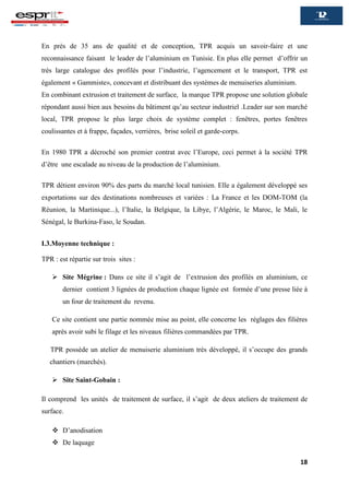 18
En près de 35 ans de qualité et de conception, TPR acquis un savoir-faire et une
reconnaissance faisant le leader de l’aluminium en Tunisie. En plus elle permet d’offrir un
très large catalogue des profilés pour l’industrie, l’agencement et le transport, TPR est
également « Gammiste», concevant et distribuant des systèmes de menuiseries aluminium.
En combinant extrusion et traitement de surface, la marque TPR propose une solution globale
répondant aussi bien aux besoins du bâtiment qu’au secteur industriel .Leader sur son marché
local, TPR propose le plus large choix de système complet : fenêtres, portes fenêtres
coulissantes et à frappe, façades, verrières, brise soleil et garde-corps.
En 1980 TPR a décroché son premier contrat avec l’Europe, ceci permet à la société TPR
d’être une escalade au niveau de la production de l’aluminium.
TPR détient environ 90% des parts du marché local tunisien. Elle a également développé ses
exportations sur des destinations nombreuses et variées : La France et les DOM-TOM (la
Réunion, la Martinique...), l’Italie, la Belgique, la Libye, l’Algérie, le Maroc, le Mali, le
Sénégal, le Burkina-Faso, le Soudan.
I.3.Moyenne technique :
TPR : est répartie sur trois sites :
 Site Mégrine : Dans ce site il s’agit de l’extrusion des profilés en aluminium, ce
dernier contient 3 lignées de production chaque lignée est formée d’une presse liée à
un four de traitement du revenu.
Ce site contient une partie nommée mise au point, elle concerne les réglages des filières
après avoir subi le filage et les niveaux filières commandées par TPR.
TPR possède un atelier de menuiserie aluminium très développé, il s’occupe des grands
chantiers (marchés).
 Site Saint-Gobain :
Il comprend les unités de traitement de surface, il s’agit de deux ateliers de traitement de
surface.
 D’anodisation
 De laquage
 
