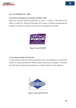 20
I.5. Les Certifications de « TPR »
I.5.1.Système de Management de la Qualité «ISO 9001 V 2000 :
Délivré par le premier organisme certificateur en France « L’AFAQ ». L’ISO 9001(version
2008), ce certificat est détenu par TPR depuis 1997, présente la référence internationale des
entreprises en matière de certification des systèmes de management de la qualité.
Figure 2: Logo d’ISO 9001
I.5.2.Certification Produit QUALICAOT :
Le label européen fournit par l’ADAL (Association pour le développement de l’Aluminium
Anodisé ou Laqué), QUALICOAT définit les règles du processus de laquage. Le référentiel
de ce label décrit les prescriptions techniques, les contrôles à effectuer et leur fréquence.
Figure 3: Logo de QUALICAOT
 