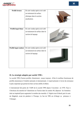 25
Profilé bronze Ils sont vendus après avoir subi
un traitement de surface
chimique dans la section
anodisation.
Profilé laqué blanc Ils sont vendus après avoir subi
un traitement de surface dans la
section de laquage.
Profilé laqué couleur Ils sont vendus après avoir subi
un traitement de surface dans la
section de laquage.
II. La stratégie adaptée par société TPR :
La société TPR (Tunisie profilés Aluminium) essaye toujours d’être le meilleur fournisseur de
profilés aluminium à l’échelle nationale et internationale. L’export présente le levier de croissance
le plus important qui permet de faire un bon chiffre d’affaire.
L’international fait partie de l’ADN de la société TPR depuis l’ouverture en 1978. Face à
l’étroitesse du marché de l’aluminium en Tunisie dans les années 80, dépasser les frontières
était un impératif pour augmenter le nombre des marchés. L’Algérie tout d’abord, puis le reste
du Maghreb, avant de pénétrer à l’Europe. Le but de TPR est d’élargir sa présence à
l’étranger.
 