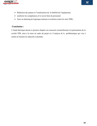29
 Réduction des pannes et l’amélioration de la fiabilité de l’équipement.
 améliorer les compétences et le savoir-faire du personnel.
 Faire un planning de logistique intérieur et extérieur (entre les sites TPR) .
Conclusion :
L’étude théorique durant ce premier chapitre est consacrée essentiellement à la présentation de la
société TPR, ainsi à la mise en cadre du projet et à l’analyse de la problématique qui vise à
mettre en lumière les objectifs à atteindre.
 