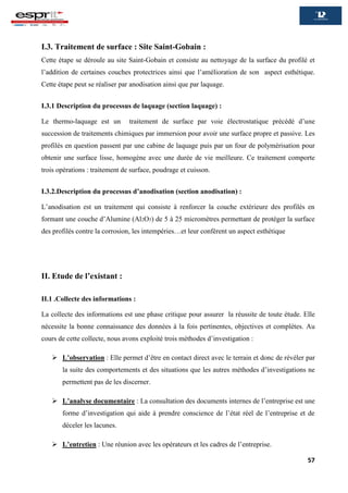 57
I.3. Traitement de surface : Site Saint-Gobain :
Cette étape se déroule au site Saint-Gobain et consiste au nettoyage de la surface du profilé et
l’addition de certaines couches protectrices ainsi que l’amélioration de son aspect esthétique.
Cette étape peut se réaliser par anodisation ainsi que par laquage.
I.3.1 Description du processus de laquage (section laquage) :
Le thermo-laquage est un traitement de surface par voie électrostatique précédé d’une
succession de traitements chimiques par immersion pour avoir une surface propre et passive. Les
profilés en question passent par une cabine de laquage puis par un four de polymérisation pour
obtenir une surface lisse, homogène avec une durée de vie meilleure. Ce traitement comporte
trois opérations : traitement de surface, poudrage et cuisson.
I.3.2.Description du processus d’anodisation (section anodisation) :
L’anodisation est un traitement qui consiste à renforcer la couche extérieure des profilés en
formant une couche d’Alumine (Al2O3) de 5 à 25 micromètres permettant de protéger la surface
des profilés contre la corrosion, les intempéries…et leur confèrent un aspect esthétique
II. Etude de l’existant :
II.1 .Collecte des informations :
La collecte des informations est une phase critique pour assurer la réussite de toute étude. Elle
nécessite la bonne connaissance des données à la fois pertinentes, objectives et complètes. Au
cours de cette collecte, nous avons exploité trois méthodes d’investigation :
 L’observation : Elle permet d’être en contact direct avec le terrain et donc de révéler par
la suite des comportements et des situations que les autres méthodes d’investigations ne
permettent pas de les discerner.
 L’analyse documentaire : La consultation des documents internes de l’entreprise est une
forme d’investigation qui aide à prendre conscience de l’état réel de l’entreprise et de
déceler les lacunes.
 L’entretien : Une réunion avec les opérateurs et les cadres de l’entreprise.
 