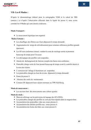 67
VII- Les 8 Mudas :
D’après le chronométrage élaboré pour la cartographie VSM et le calcul de TRS
(annexe..) et d’après l’observation effectuée dans le lignée de presse 4, nous avons
constaté les 8 Mudas qui sont classés ci-dessous.
Muda Transport :
 Le mouvement logistique non organisé.
Muda d’attente :
 Les chauffages des filières aux fours dépassent le temps demandé.
 Augmentation de temps de refroidissement pour certaines références profiles (grande
épaisseur).
 Les OF non conformes (retour) rendent la zone de stockage serrée et prennent
beaucoup de temps pour l’évacuer.
 Les découpages des profilés sont suspendus.
 Attente de déchargement de chariote remplie des barres non conformes.
 Praticable charge sortie de four prenait beaucoup de temps avant le contrôle dureté et
la mise des tickets.
 L’extrusion de l’alliage d’aluminium est suspendue.
 Les praticables chargés au four du revenu dépassent le temps demandé
 Panne de presse 4.
 Absence des outils de maintenance.
 Certains OF dépassent leurs séjours normaux au TPR Sidi Rezig.
Muda de mouvement :
 Les ouvriers font des mouvements sans valeurs ajoutée.
Muda de stock :
 Mauvais arbitrage sur les prévisions de laquage des OF (FIFO).
 Les praticables chargés des profilés ne sont pas bien répartis dans le magasin brut .
 Accumulation des praticables vides aux zones presses 4.
 Accumulation des déchets profilés aux zones presses 4.
 Accumulation des boites des bâtis aux zones presses 4.
 
