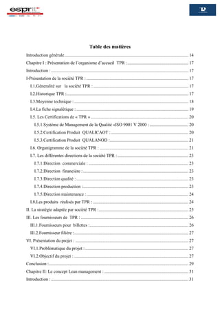 Table des matières
Introduction générale................................................................................................................ 14
Chapitre I : Présentation de l’organisme d’accueil TPR :....................................................... 17
Introduction :............................................................................................................................ 17
I-Présentation de la société TPR : ............................................................................................ 17
I.1.Géneralité sur la société TPR :...................................................................................... 17
I.2.Historique TPR :.............................................................................................................. 17
I.3.Moyenne technique : ....................................................................................................... 18
I.4.La fiche signalétique : ..................................................................................................... 19
I.5. Les Certifications de « TPR » ........................................................................................ 20
I.5.1.Système de Management de la Qualité «ISO 9001 V 2000 : ................................... 20
I.5.2.Certification Produit QUALICAOT :...................................................................... 20
I.5.3.Certification Produit QUALANOD :....................................................................... 21
I.6. Organigramme de la société TPR : ................................................................................ 21
I.7. Les différentes directions de la société TPR :................................................................ 23
I.7.1.Direction commerciale : .......................................................................................... 23
I.7.2.Direction financière :............................................................................................... 23
I.7.3.Direction qualité : ..................................................................................................... 23
I.7.4.Direction production :............................................................................................... 23
I.7.5.Direction maintenance :............................................................................................ 24
I.8.Les produits réalisés par TPR : ...................................................................................... 24
II. La stratégie adaptée par société TPR :................................................................................. 25
III. Les fournisseurs de TPR : ................................................................................................. 26
III.1.Fournisseurs pour billettes :......................................................................................... 26
III.2.Fournisseur filière :....................................................................................................... 27
VI. Présentation du projet : ...................................................................................................... 27
VI.1.Problématique du projet : ............................................................................................. 27
VI.2.Objectif du projet : ....................................................................................................... 27
Conclusion :.............................................................................................................................. 29
Chapitre II: Le concept Lean management : ............................................................................ 31
Introduction :............................................................................................................................ 31
 
