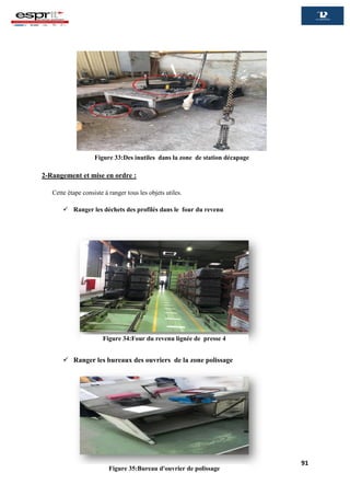 91
2-Rangement et mise en ordre :
Cette étape consiste à ranger tous les objets utiles.
 Ranger les déchets des profilés dans le four du revenu
 Ranger les bureaux des ouvriers de la zone polissage
Figure 33:Des inutiles dans la zone de station décapage
Figure 34:Four du revenu lignée de presse 4
Figure 35:Bureau d'ouvrier de polissage
 