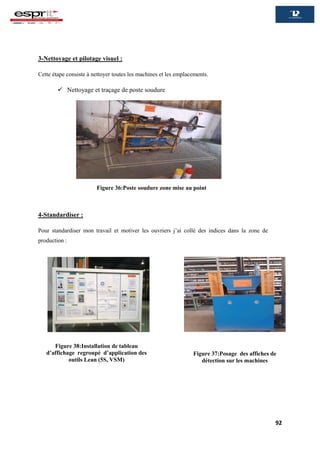 92
3-Nettoyage et pilotage visuel :
Cette étape consiste à nettoyer toutes les machines et les emplacements.
 Nettoyage et traçage de poste soudure
4-Standardiser :
Pour standardiser mon travail et motiver les ouvriers j’ai collé des indices dans la zone de
production :
Figure 36:Poste soudure zone mise au point
Figure 38:Installation de tableau
d’affichage regroupé d’application des
outils Lean (5S, VSM)
Figure 37:Posage des affiches de
détection sur les machines
 
