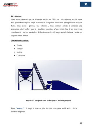 96
I.4.2.Solution :
Nous avons constaté que la démarche suivie par TPR est très coûteuse et elle nous
fait perdre beaucoup de temps au niveau de chargement de déchets, après plusieurs analyses
faites. nous avons proposé une solution , nous sommes arrivés à conclure une
conception solid works : que la machine constituée d’une trémie liée à un convoyeur
contribuent à stocker les déchets d’aluminium et les décharger dans le bain de camion en
cliquant sur un bouton.
Matériels nécessaires :
 Trémie
 Vibreur
 Moteur
 Convoyeur
Dans l’annexe 7 il s’agit la mise au plan de cette conception solid works de la
machine proposée.
Figure 44:Conception Solid Works pour la machine proposée
 
