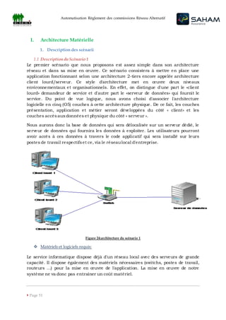 Automatisation Règlement des commissions Réseau Alternatif
 Page 51
I. Architecture Matérielle
1. Description des scénarii
1.1 Description du Scénario 1
Le premier scénario que nous proposons est assez simple dans son architecture
réseau et dans sa mise en œuvre. Ce scénario consistera à mettre en place une
application fonctionnant selon une architecture 2-tiers encore appelée architecture
client lourd/serveur. Ce style d'architecture met en œuvre deux niveaux
environnementaux et organisationnels. En effet, on distingue d'une part le «client
lourd» demandeur de service et d'autre part le «serveur de données» qui fournit le
service. Du point de vue logique, nous avons choisi d'associer l'architecture
logicielle en cinq (O5) couches à cette architecture physique. De ce fait, les couches
présentation, application et métier seront développées du côté « client» et les
couches accèsaux données et physique du côté « serveur ».
Nous aurons donc la base de données qui sera délocalisée sur un serveur dédié, le
serveur de données qui fournira les données à exploiter. Les utilisateurs pourront
avoir accès à ces données à travers le code applicatif qui sera installé sur leurs
postes de travail respectifset ce, via le réseaulocal d'entreprise.
Figure 24:architecture du scénario 1
 Matériels et logiciels requis:
Le service informatique dispose déjà d'un réseau local avec des serveurs de grande
capacité. Il dispose également des matériels nécessaires (switchs, postes de travail,
routeurs ...) pour la mise en œuvre de l'application. La mise en œuvre de notre
système ne va donc pas entraîner un coût matériel.
 