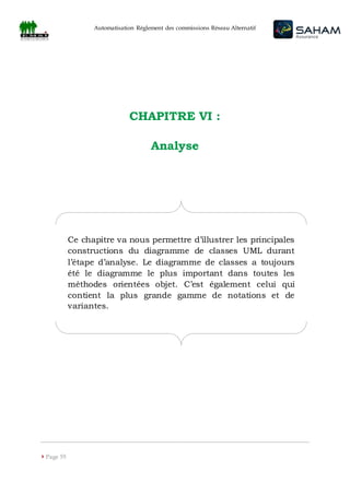 Automatisation Règlement des commissions Réseau Alternatif
 Page 55
CHAPITRE VI :
Analyse
Ce chapitre va nous permettre d’illustrer les principales
constructions du diagramme de classes UML durant
l’étape d’analyse. Le diagramme de classes a toujours
été le diagramme le plus important dans toutes les
méthodes orientées objet. C’est également celui qui
contient la plus grande gamme de notations et de
variantes.
 