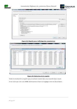 Automatisation Règlement des commissions Réseau Alternatif
 Page 89
Figure 63: Requête pour l'affichage des commissions
Figure 64: Exécution de la requête
Voilà le résultat de la requête que je souhaite stocké dans ma nouvelle base oracle.
Il me reste que crée une ODBC Destination et faire le mappage entre les deux bases.
 