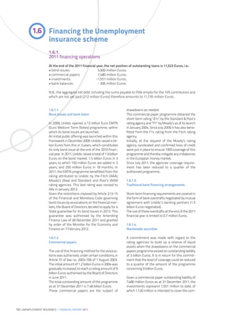 1.6 Financing the Unemployment
               insurance scheme
                      1.6.1.
                      2011 financing operations
                      At the end of the 2011 financial year, the net position of outstanding loans is 11,523 Euros, i.e.:
                      • bond issues:                    5,900 million Euros;
                      • commercial papers:              7,480 million Euros;
                      • investments:                   -1,551 million Euros;
                      • bank balances:                  - 306 million Euros.

                      N.B.: the aggregate net debt including the sums payable to Pôle emploi for the 10% contribution and
                      which are not yet paid (212 million Euros) therefore amounts to 11,735 million Euros.


                      1.6.1.1.                                                   drawdowns as needed.
                      Bond issues and bank loans                                 This commercial paper programme obtained the
                                                                                 short-term rating ”A1+” by the Standard & Poor’s
                      In 2009, Unédic opened a 12 billion Euro EMTN              rating agency and “P1” by Moody’s as of its launch
                      (Euro Medium Term Notes) programme, within                 in January 2004. Since July 2009, it has also bene-
                      which its bond issues are launched.                        fitted from the F1+ rating from the Fitch rating
                      An initial public offering was launched within this        agency.
                      framework in December 2009. Unédic raised 4 bil-           Initially, at the request of the Moody’s rating
                      lion Euros from this in 3 years, which constituted         agency, syndicated and confirmed lines of credit
                      its only bond issue at the end of the 2010 finan-          were put in place to ensure 100% coverage of this
                      cial year. In 2011, Unédic raised a total of 1.9 billion   programme and thereby mitigate any imbalances
                      Euros on the bond market: 1.5 billion Euros in 3           in the European money market.
                      years, to which 150 million Euros are added in 3           Since July 2011, the agencies’ coverage require-
                      years, and 250 million Euros in 18 months. In              ment has been reduced to a quarter of the
                      2011, the EMTN programme benefitted from the               authorised programme.
                      rating attributed to Unédic by the Fitch (AAA),
                      Moody’s (Aaa) and Standard and Poor’s (AAA)                1.6.1.3.
                      rating agencies. This last rating was revised to           Traditional bank financing arrangements
                      AA+ in January 2012.
                      Given the restrictions imposed by Article 213-15           Short-term financing requirements are covered in
                      of the Financial and Monetary Code governing               the form of bank overdrafts negotiated by mutual
                      bond issues by associations on the financial mar-          agreement with Unédic’s banking partners (1.5
                      kets, the Board of Directors decided to apply for a        billion Euros negotiated).
                      State guarantee for its bond issues in 2012. This          The use of these overdrafts at the end of the 2011
                      guarantee was authorised by the Amending                   financial year is limited to 0.7 million Euros.
                      Finance Law of 28 December 2011 and granted
                      by order of the Minister for the Economy and               1.6.1.4.
                      Finance on 7 February 2012.                                Marketable securities

                      1.6.1.2.                                                   A commitment was made with regard to the
                      Commercial papers                                          rating agencies to build up a reserve of liquid
                                                                                 assets when the drawdowns on the commercial
                      The use of this financing method for the associa-          papers programme exceed an outstanding liability
                      tions was authorised, under certain conditions, in         of 3 billion Euros. It is in return for this commit-
                      Article 37 of law no. 2003-706 of 1 August 2003.           ment that the level of coverage could be reduced
                      The initial amount of 1.2 billion Euros in 2004 was        to a quarter of the amount of the programme
                      gradually increased, to reach a ceiling amount of 9        concerning 9 billion Euros.
                      billion Euros authorised by the Board of Directors
                      in June 2011.                                              Given a commercial paper outstanding liability of
                      The total outstanding amount of the programme              7,480 million Euros as at 31 December 2011, the
                      as at 31 December 2011 is 7.48 billion Euros.              investments represent 1,551 million to date, of
                      These commercial papers are the subject of                 which 1,120 million is intended to cover the com-




12| UNEMPLOYMENT INSURANCE – FINANCIAL REPORT 2011
 