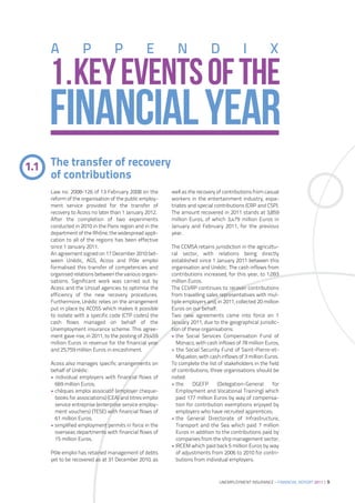 A             P              P             E          N               D              I           X

    1.KEY EVENTS OF THE
    FINANCIAL YEAR
1.1 The transfer of recovery
    of contributions
    Law no. 2008-126 of 13 February 2008 on the         well as the recovery of contributions from casual
    reform of the organisation of the public employ-    workers in the entertainment industry, expa-
    ment service provided for the transfer of           triates and special contributions (CRP and CSP).
    recovery to Acoss no later than 1 January 2012.     The amount recovered in 2011 stands at 3,859
    After the completion of two experiments             million Euros, of which 3,479 million Euros in
    conducted in 2010 in the Paris region and in the    January and February 2011, for the previous
    department of the Rhône, the widespread appli-      year.
    cation to all of the regions has been effective
    since 1 January 2011.                               The CCMSA retains jurisdiction in the agricultu-
    An agreement signed on 17 December 2010 bet-        ral sector, with relations being directly
    ween Unédic, AGS, Acoss and Pôle emploi             established since 1 January 2011 between this
    formalised this transfer of competencies and        organisation and Unédic. The cash inflows from
    organised relations between the various organi-     contributions increased, for this year, to 1,093
    sations. Significant work was carried out by        million Euros.
    Acoss and the Urssaf agencies to optimise the       The CCVRP continues to recover contributions
    efficiency of the new recovery procedures.          from travelling sales representatives with mul-
    Furthermore, Unédic relies on the arrangement       tiple employers and, in 2011, collected 20 million
    put in place by ACOSS which makes it possible       Euros on our behalf.
    to isolate with a specific code (CTP codes) the     Two new agreements came into force on 1
    cash flows managed on behalf of the                 January 2011, due to the geographical jurisdic-
    Unemployment insurance scheme. This agree-          tion of these organisations:
    ment gave rise, in 2011, to the posting of 29,459   • the Social Services Compensation Fund of
    million Euros in revenue for the financial year       Monaco, with cash inflows of 78 million Euros;
    and 25,759 million Euros in encashment.             • the Social Security Fund of Saint-Pierre-et-
                                                          Miquelon, with cash inflows of 3 million Euros.
    Acoss also manages specific arrangements on         To complete the list of stakeholders in the field
    behalf of Unédic:                                   of contributions, three organisations should be
    • individual employers with financial flows of      noted:
      669 million Euros;                                • the     DGEFP      (Delegation-General       for
    • chèques emploi associatif (employer cheque-         Employment and Vocational Training) which
      books for associations) (CEA) and titres emploi     paid 177 million Euros by way of compensa-
      service entreprise (enterprise service employ-      tion for contribution exemptions enjoyed by
      ment vouchers) (TESE) with financial flows of       employers who have recruited apprentices;
      61 million Euros;                                 • the General Directorate of Infrastructure,
    • simplified employment permits in force in the       Transport and the Sea which paid 7 million
      overseas departments with financial flows of        Euros in addition to the contributions paid by
      15 million Euros.                                   companies from the ship management sector;
                                                        • IRCEM which paid back 5 million Euros by way
    Pôle emploi has retained management of debts          of adjustments from 2006 to 2010 for contri-
    yet to be recovered as at 31 December 2010, as        butions from individual employers.



                                                                              UNEMPLOYMENT INSURANCE – FINANCIAL REPORT 2011 | 9
 