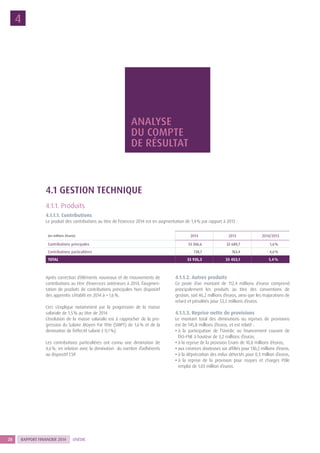 RAPPORT FINANCIER 201428 UNÉDIC
ANALYSE
DU COMPTE
DE RÉSULTAT
4
Après correction d’éléments nouveaux et de mouvements de
contributions au titre d’exercices antérieurs à 2014, l’augmen-
tation de produits de contributions principales hors dispositif
des apprentis s’établit en 2014 à + 1,6 %.
Ceci s’explique notamment par la progression de la masse
salariale de 1,5 % au titre de 2014.
L’évolution de la masse salariale est à rapprocher de la pro-
gression du Salaire Moyen Par Tête (SMPT) de 1,6 % et de la
diminution de l’effectif salarié (- 0,1 %).
Les contributions particulières ont connu une diminution de
4,6 %, en relation avec la diminution du nombre d’adhérents
au dispositif CSP.
4.1.1.2. Autres produits
Ce poste d’un montant de 112,4 millions d’euros comprend
principalement les produits au titre des conventions de
gestion, soit 46,2 millions d’euros, ainsi que les majorations de
retard et pénalités pour 53,2 millions d’euros.
4.1.1.3. Reprise nette de provisions
Le montant total des diminutions ou reprises de provisions
est de 145,8 millions d’euros, et est relatif :
• à la participation de l’Unédic au financement courant de
l’AS-FNE à hauteur de 3,2 millions d’euros,
• à la reprise de la provision Cnam de 10,8 millions d’euros,
• aux créances douteuses sur affiliés pour 130,2 millions d’euros,
• à la dépréciation des indus détectés pour 0,3 million d’euros,
• à la reprise de la provision pour risques et charges Pôle
emploi de 1,03 million d’euros.
4.1 GESTION TECHNIQUE
4.1.1. Produits
4.1.1.1. Contributions
Le produit des contributions au titre de l’exercice 2014 est en augmentation de 1,4 % par rapport à 2013 :
(en millions d’euros) 2014 2013 2014/2013
Contributions principales 33 206,6 32 689,7 1,6 %
Contributions particulières 728,7 763,4 - 4,6 %
TOTAL 33 935,3 33 453,1 1,4 %
 