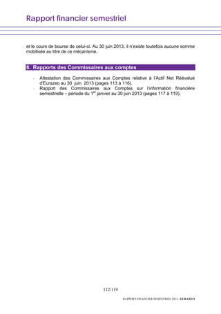 Rapport financier semestriel
112/119
RAPPORT FINANCIER SEMESTRIEL 2013 - EURAZEO
et le cours de bourse de celui-ci. Au 30 juin 2013, il n’existe toutefois aucune somme
mobilisée au titre de ce mécanisme.
8. Rapports des Commissaires aux comptes
- Attestation des Commissaires aux Comptes relative à l’Actif Net Réévalué
d'Eurazeo au 30 juin 2013 (pages 113 à 116).
- Rapport des Commissaires aux Comptes sur l’information financière
semestrielle – période du 1er
janvier au 30 juin 2013 (pages 117 à 119).
 