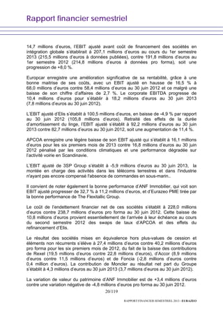 Rapport financier semestriel
20/119
RAPPORT FINANCIER SEMESTRIEL 2013 - EURAZEO
14,7 millions d’euros, l’EBIT ajusté avant coût de financement des sociétés en
intégration globale s’établirait à 207,1 millions d’euros au cours du 1er semestre
2013 (215,5 millions d’euros à données publiées), contre 191,8 millions d’euros au
1er semestre 2012 (214,8 millions d’euros à données pro forma), soit une
progression de +8,0 %.
Europcar enregistre une amélioration significative de sa rentabilité, grâce à une
bonne maitrise de ses coûts, avec un EBIT ajusté en hausse de 16,5 % à
68,0 millions d’euros contre 58,4 millions d’euros au 30 juin 2012 et ce malgré une
baisse de son chiffre d’affaires de 2,7 %. Le corporate EBITDA progresse de
10,4 millions d’euros pour s’établir à 18,2 millions d’euros au 30 juin 2013
(7,8 millions d’euros au 30 juin 2012).
L’EBIT ajusté d’Elis s’établit à 100,5 millions d’euros, en baisse de -4,9 % par rapport
au 30 juin 2012 (105,8 millions d’euros). Retraité des effets de la durée
d’amortissement du linge, l’EBIT ajusté s’établit à 92,2 millions d’euros au 30 juin
2013 contre 82,7 millions d’euros au 30 juin 2012, soit une augmentation de 11,4 %.
APCOA enregistre une légère baisse de son EBIT ajusté qui s’établit à 16,1 millions
d’euros pour les six premiers mois de 2013 contre 16,8 millions d’euros au 30 juin
2012 pénalisé par les conditions climatiques et une performance dégradée sur
l’activité voirie en Scandinavie.
L’EBIT ajusté de 3SP Group s’établit à -5,9 millions d’euros au 30 juin 2013, la
montée en charge des activités dans les télécoms terrestres et dans l'industrie
n'ayant pas encore compensé l'absence de commandes en sous-marin..
Il convient de noter également la bonne performance d’ANF Immobilier, qui voit son
EBIT ajusté progresser de 32,7 % à 11,2 millions d’euros, et d’Eurazeo PME tirée par
la bonne performance de The Flexitallic Group.
Le coût de l’endettement financier net de ces sociétés s’établit à 228,0 millions
d’euros contre 238,7 millions d’euros pro forma au 30 juin 2012. Cette baisse de
10,8 millions d’euros provient essentiellement de l’arrivée à leur échéance au cours
du second semestre 2012 des swaps de taux d’APCOA et des effets du
refinancement d’Elis.
Le résultat des sociétés mises en équivalence hors plus-values de cession et
éléments non récurrents s’élève à 27,4 millions d’euros contre 40,2 millions d’euros
pro forma pour les six premiers mois de 2012, du fait de la baisse des contributions
de Rexel (19,5 millions d’euros contre 22,8 millions d’euros), d’Accor (8,9 millions
d’euros contre 11,5 millions d’euros) et de Foncia (-2,8 millions d’euros contre
0,4 million d’euros). La contribution de Moncler au résultat net part du Groupe
s’établit à 4,3 millions d’euros au 30 juin 2013 (3,7 millions d’euros au 30 juin 2012).
La variation de valeur du patrimoine d’ANF Immobilier est de +3,4 millions d’euros
contre une variation négative de -4,8 millions d’euros pro forma au 30 juin 2012.
 
