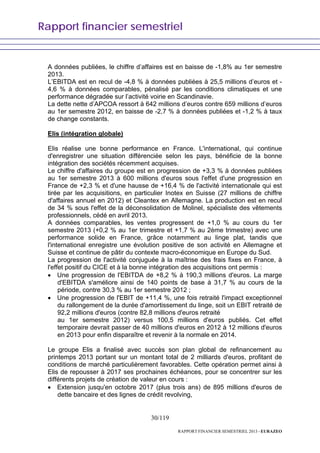 Rapport financier semestriel
30/119
RAPPORT FINANCIER SEMESTRIEL 2013 - EURAZEO
A données publiées, le chiffre d’affaires est en baisse de -1,8% au 1er semestre
2013.
L’EBITDA est en recul de -4,8 % à données publiées à 25,5 millions d’euros et -
4,6 % à données comparables, pénalisé par les conditions climatiques et une
performance dégradée sur l’activité voirie en Scandinavie.
La dette nette d’APCOA ressort à 642 millions d’euros contre 659 millions d’euros
au 1er semestre 2012, en baisse de -2,7 % à données publiées et -1,2 % à taux
de change constants.
Elis (intégration globale)
Elis réalise une bonne performance en France. L'international, qui continue
d'enregistrer une situation différenciée selon les pays, bénéficie de la bonne
intégration des sociétés récemment acquises.
Le chiffre d'affaires du groupe est en progression de +3,3 % à données publiées
au 1er semestre 2013 à 600 millions d'euros sous l'effet d'une progression en
France de +2,3 % et d'une hausse de +16,4 % de l'activité internationale qui est
tirée par les acquisitions, en particulier Inotex en Suisse (27 millions de chiffre
d'affaires annuel en 2012) et Cleantex en Allemagne. La production est en recul
de 34 % sous l'effet de la déconsolidation de Molinel, spécialiste des vêtements
professionnels, cédé en avril 2013.
A données comparables, les ventes progressent de +1,0 % au cours du 1er
semestre 2013 (+0,2 % au 1er trimestre et +1,7 % au 2ème trimestre) avec une
performance solide en France, grâce notamment au linge plat, tandis que
l'international enregistre une évolution positive de son activité en Allemagne et
Suisse et continue de pâtir du contexte macro-économique en Europe du Sud.
La progression de l'activité conjuguée à la maîtrise des frais fixes en France, à
l'effet positif du CICE et à la bonne intégration des acquisitions ont permis :
• Une progression de l'EBITDA de +8,2 % à 190,3 millions d'euros. La marge
d'EBITDA s'améliore ainsi de 140 points de base à 31,7 % au cours de la
période, contre 30,3 % au 1er semestre 2012 ;
• Une progression de l'EBIT de +11,4 %, une fois retraité l'impact exceptionnel
du rallongement de la durée d'amortissement du linge, soit un EBIT retraité de
92,2 millions d'euros (contre 82,8 millions d'euros retraité
au 1er semestre 2012) versus 100,5 millions d'euros publiés. Cet effet
temporaire devrait passer de 40 millions d'euros en 2012 à 12 millions d'euros
en 2013 pour enfin disparaître et revenir à la normale en 2014.
Le groupe Elis a finalisé avec succès son plan global de refinancement au
printemps 2013 portant sur un montant total de 2 milliards d'euros, profitant de
conditions de marché particulièrement favorables. Cette opération permet ainsi à
Elis de repousser à 2017 ses prochaines échéances, pour se concentrer sur les
différents projets de création de valeur en cours :
• Extension jusqu'en octobre 2017 (plus trois ans) de 895 millions d'euros de
dette bancaire et des lignes de crédit revolving,
 