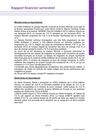 Rapport financier semestriel
33/119
RAPPORT FINANCIER SEMESTRIEL 2013 - EURAZEO
Moncler (mise en équivalence)
Le chiffre d’affaires du groupe Moncler (incluant la division Moncler d’une part et
la division sportswear d’autre part, avec Henry Cotton’s, Marine Yachting, Coast
Weber Ahaus et la licence 18CRR81 Cerruti) s’établit à 247,0 millions d’euros au
1er semestre 2013, en hausse de +10 % comparé au 1er semestre 2012 ; la
marque Moncler progresse de +18 % et la division Sportswear est en recul de
-9 %.
La marque Moncler continue d’enregistrer une très forte progression de son
chiffre d’affaires. Il ressort à 183 millions d’euros en données publiées, en
progression de +18 % malgré une base de comparaison élevée (+38 % au 1er
semestre 2012) et l’impact négatif de l’évolution des taux de change (+22 % à
taux de change constants contre +18 % à données publiées).
Au cours de ce 1er semestre, la marque Moncler a poursuivi activement le
développement de son réseau de magasins en propre avec l’ouverture de quatre
nouvelles boutiques en Europe. Le réseau de magasins en propre représente
désormais plus de la moitié du chiffre d’affaires de la marque, contre 44 % au 1er
semestre 2012. A nombre de magasins et taux de change constants, le chiffre
d’affaires des magasins en propre connaît une croissance de +16 %, ce qui se
compare à +13 % pour l’année pleine 2012.
L’ensemble des zones géographiques enregistrent des performances solides, à
l’exception de l’Italie où l’activité est stable malgré une bonne performance des
magasins en propre.
Au 30 juin 2013 le réseau compte 87 magasins en propre.
Rexel (mise en équivalence)
Au 2ème trimestre, Rexel a enregistré un chiffre d’affaires de 3 314,9 millions
d’euros, en baisse de -0,8 % en données publiées et en baisse de -3,3 % en
données comparables et à nombre de jours constant. Cette baisse de -3,3 %
reflète des conditions de marché toujours difficiles en Europe et une évolution
positive aux Etats-Unis, Chine et Brésil.
L’EBITA publié ressort à 172,4 millions d’euros au 2ème trimestre, en baisse de
7,6 % par rapport au 2ème trimestre 2012. La marge d’EBITA ajusté4 s’est
établie à 5,5 %, une baisse limitée de 20 points de base par rapport à l’année
dernière grâce à la poursuite de la discipline sur la marge et à un strict contrôle
des coûts.
3
 