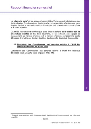 Rapport financier semestriel
41/119
RAPPORT FINANCIER SEMESTRIEL 2013 - EURAZEO
La trésorerie nette7
et les actions d’autocontrôle d’Eurazeo sont valorisées au jour
de l’évaluation. Pour les actions d’autocontrôle qui peuvent être affectées aux plans
d’option d’achat, la valorisation est fonction du plus petit prix entre le cours de clôture
et le prix d’exercice.
L’Actif Net Réévalué est communiqué après prise en compte de la fiscalité sur les
plus-values latentes et des droits revenants, le cas échéant, aux équipes de
management. Le nombre d’actions est le nombre d’actions composant le capital
d’Eurazeo diminué le cas échéant des titres d’autocontrôle destinés à être annulés.
6.2.Attestation des Commissaires aux comptes relative à l’Actif Net
Réévalué d’Eurazeo au 30 juin 2013
L’attestation des Commissaires aux comptes relative à l’Actif Net Réévalué
d’Eurazeo au 30 juin 2013 figure en pages 113 à 116.
7
Trésorerie nette des divers actifs circulants et passifs d’exploitation d’Eurazeo retenus à leur valeur nette
comptable.
6
 