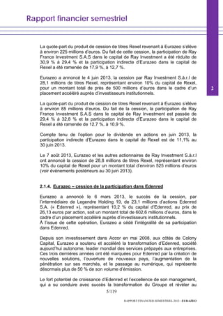 Rapport financier semestriel
5/119
RAPPORT FINANCIER SEMESTRIEL 2013 - EURAZEO
La quote-part du produit de cession de titres Rexel revenant à Eurazeo s’élève
à environ 225 millions d’euros. Du fait de cette cession, la participation de Ray
France Investment S.A.S dans le capital de Ray Investment a été réduite de
30,9 % à 29,4 % et la participation indirecte d’Eurazeo dans le capital de
Rexel a été ramenée de 17,9 %, à 12,7 %.
Eurazeo a annoncé le 4 juin 2013, la cession par Ray Investment S.à.r.l de
28,1 millions de titres Rexel, représentant environ 10% du capital de Rexel,
pour un montant total de près de 500 millions d’euros dans le cadre d’un
placement accéléré auprès d’investisseurs institutionnels.
La quote-part du produit de cession de titres Rexel revenant à Eurazeo s’élève
à environ 85 millions d’euros. Du fait de la cession, la participation de Ray
France Investment S.A.S dans le capital de Ray Investment est passée de
29,4 % à 32,8 % et la participation indirecte d’Eurazeo dans le capital de
Rexel a été ramenée de 12,7 %, à 10,9 %.
Compte tenu de l’option pour le dividende en actions en juin 2013, la
participation indirecte d’Eurazeo dans le capital de Rexel est de 11,1% au
30 juin 2013.
Le 7 août 2013, Eurazeo et les autres actionnaires de Ray Investment S.à.r.l
ont annoncé la cession de 28,8 millions de titres Rexel, représentant environ
10% du capital de Rexel pour un montant total d’environ 525 millions d’euros
(voir évènements postérieurs au 30 juin 2013).
2.1.4. Eurazeo – cession de la participation dans Edenred
Eurazeo a annoncé le 6 mars 2013, le succès de la cession, par
l’intermédiaire de Legendre Holding 19, de 23,1 millions d’actions Edenred
S.A. (« Edenred »), représentant 10,2 % du capital d’Edenred, au prix de
26,13 euros par action, soit un montant total de 602,6 millions d’euros, dans le
cadre d’un placement accéléré auprès d’investisseurs institutionnels.
À l’issue de cette opération, Eurazeo a cédé l’intégralité de sa participation
dans Edenred.
Depuis son investissement dans Accor en mai 2008, aux côtés de Colony
Capital, Eurazeo a soutenu et accéléré la transformation d’Edenred, société
aujourd’hui autonome, leader mondial des services prépayés aux entreprises.
Ces trois dernières années ont été marquées pour Edenred par la création de
nouvelles solutions, l’ouverture de nouveaux pays, l’augmentation de la
pénétration sur ses marchés, et le passage au numérique, qui représente
désormais plus de 50 % de son volume d’émission.
Le fort potentiel de croissance d’Edenred et l’excellence de son management,
qui a su conduire avec succès la transformation du Groupe et révéler au
2
 