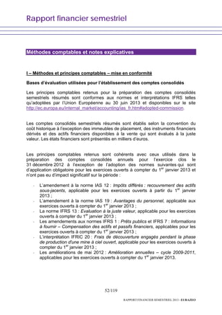 Rapport financier semestriel
52/119
RAPPORT FINANCIER SEMESTRIEL 2013 - EURAZEO
Méthodes comptables et notes explicatives
I – Méthodes et principes comptables – mise en conformité
Bases d’évaluation utilisées pour l’établissement des comptes consolidés
Les principes comptables retenus pour la préparation des comptes consolidés
semestriels résumés sont conformes aux normes et interprétations IFRS telles
qu’adoptées par l’Union Européenne au 30 juin 2013 et disponibles sur le site
http://ec.europa.eu/internal_market/accounting/ias_fr.htm#adopted-commission.
Les comptes consolidés semestriels résumés sont établis selon la convention du
coût historique à l’exception des immeubles de placement, des instruments financiers
dérivés et des actifs financiers disponibles à la vente qui sont évalués à la juste
valeur. Les états financiers sont présentés en milliers d’euros.
Les principes comptables retenus sont cohérents avec ceux utilisés dans la
préparation des comptes consolidés annuels pour l’exercice clos le
31 décembre 2012 à l’exception de l’adoption des normes suivantes qui sont
d’application obligatoire pour les exercices ouverts à compter du 1er
janvier 2013 et
n’ont pas eu d’impact significatif sur la période :
- L’amendement à la norme IAS 12 : Impôts différés : recouvrement des actifs
sous-jacents, applicable pour les exercices ouverts à partir du 1er
janvier
2013 ;
- L’amendement à la norme IAS 19 : Avantages du personnel, applicable aux
exercices ouverts à compter du 1er
janvier 2013 ;
- La norme IFRS 13 : Evaluation à la juste valeur, applicable pour les exercices
ouverts à compter du 1er
janvier 2013 ;
- Les amendements aux normes IFRS 1 : Prêts publics et IFRS 7 : Informations
à fournir – Compensation des actifs et passifs financiers, applicables pour les
exercices ouverts à compter du 1er
janvier 2013 ;
- L’interprétation IFRIC 20 : Frais de découverture engagés pendant la phase
de production d'une mine à ciel ouvert, applicable pour les exercices ouverts à
compter du 1er
janvier 2013 ;
- Les améliorations de mai 2012 : Amélioration annuelles – cycle 2009-2011,
applicables pour les exercices ouverts à compter du 1er
janvier 2013.
 