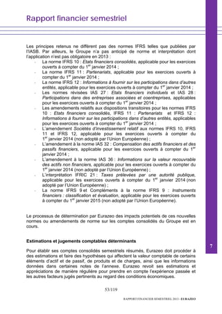 Rapport financier semestriel
53/119
RAPPORT FINANCIER SEMESTRIEL 2013 - EURAZEO
Les principes retenus ne diffèrent pas des normes IFRS telles que publiées par
l’IASB. Par ailleurs, le Groupe n’a pas anticipé de norme et interprétation dont
l’application n’est pas obligatoire en 2013 :
- La norme IFRS 10 : Etats financiers consolidés, applicable pour les exercices
ouverts à compter du 1er
janvier 2014 ;
- La norme IFRS 11 : Partenariats, applicable pour les exercices ouverts à
compter du 1er
janvier 2014 ;
- La norme IFRS 12 : Informations à fournir sur les participations dans d’autres
entités, applicable pour les exercices ouverts à compter du 1er
janvier 2014 ;
- Les normes révisées IAS 27 : Etats financiers individuels et IAS 28 :
Participations dans des entreprises associées et coentreprises, applicables
pour les exercices ouverts à compter du 1er
janvier 2014 ;
- Les amendements relatifs aux dispositions transitoires pour les normes IFRS
10 : Etats financiers consolidés, IFRS 11 : Partenariats et IFRS 12 :
Informations à fournir sur les participations dans d’autres entités, applicables
pour les exercices ouverts à compter du 1er
janvier 2014 ;
- L’amendement Sociétés d’investissement relatif aux normes IFRS 10, IFRS
11 et IFRS 12, applicable pour les exercices ouverts à compter du
1er
janvier 2014 (non adopté par l’Union Européenne) ;
- L’amendement à la norme IAS 32 : Compensation des actifs financiers et des
passifs financiers, applicable pour les exercices ouverts à compter du 1er
janvier 2014 ;
- L’amendement à la norme IAS 36 : Informations sur la valeur recouvrable
des actifs non financiers, applicable pour les exercices ouverts à compter du
1er
janvier 2014 (non adopté par l’Union Européenne) ;
- L’interprétation IFRIC 21 : Taxes prélevées par une autorité publique,
applicable pour les exercices ouverts à compter du 1er
janvier 2014 (non
adopté par l’Union Européenne) ;
- La norme IFRS 9 et Compléments à la norme IFRS 9 : Instruments
financiers : classification et évaluation, applicable pour les exercices ouverts
à compter du 1er
janvier 2015 (non adopté par l’Union Européenne).
Le processus de détermination par Eurazeo des impacts potentiels de ces nouvelles
normes ou amendements de norme sur les comptes consolidés du Groupe est en
cours.
Estimations et jugements comptables déterminants
Pour établir ses comptes consolidés semestriels résumés, Eurazeo doit procéder à
des estimations et faire des hypothèses qui affectent la valeur comptable de certains
éléments d’actif et de passif, de produits et de charges, ainsi que les informations
données dans certaines notes de l’annexe. Eurazeo revoit ses estimations et
appréciations de manière régulière pour prendre en compte l’expérience passée et
les autres facteurs jugés pertinents au regard des conditions économiques.
7
 