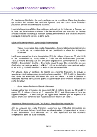 Rapport financier semestriel
54/119
RAPPORT FINANCIER SEMESTRIEL 2013 - EURAZEO
En fonction de l’évolution de ces hypothèses ou de conditions différentes de celles
qui avaient été prévues, les montants figurant dans ses futurs états financiers
pourraient différer des estimations actuelles.
Les états financiers reflètent les meilleures estimations dont dispose le Groupe, sur
la base des informations existantes à la date de clôture des comptes, en relation
avec le contexte économique incertain consécutif notamment à la crise des finances
publiques de certains pays de la zone Euro.
Estimations et hypothèses comptables déterminantes
- Valeur recouvrable des écarts d’acquisition, des immobilisations incorporelles
à durée de vie indéterminée et des participations dans les entreprises
associées
Le Groupe soumet les écarts d’acquisition (2 526,4 millions d’euros au 30 juin 2013)
et les immobilisations incorporelles à durée de vie indéterminée (marques :
1 038,9 millions d’euros) à un test annuel de dépréciation, conformément à la norme
IAS 36 « Dépréciation d’actifs ». Des tests peuvent aussi être déclenchés en cas
d’indicateur de perte de valeur. La Note 1 précise les indicateurs de perte de valeur
et les actifs qui ont été soumis à un test à la clôture semestrielle.
Par ailleurs, dans un contexte de fragilité des marchés financiers, le Groupe a
soumis ses participations dans les entreprises associées (1 715,3 millions d’euros) à
une revue des éventuels indicateurs de perte de valeur. La Note 6 précise la
démarche retenue par Eurazeo quant à l’appréciation d’un éventuel indicateur de
perte de valeur.
- Juste valeur des immeubles de placement
La juste valeur des immeubles de placement (921,9 millions d’euros au 30 juin 2013
contre 881,5 millions d’euros au 31 décembre 2012) est déterminée à l’aide de
rapports d’experts. La méthodologie, les hypothèses retenues par les experts ainsi
qu’une analyse de sensibilité des hypothèses sont décrites en Note 4.
Jugements déterminants lors de l’application des méthodes comptables
Afin de préparer des états financiers conformes aux méthodes comptables du
Groupe, Eurazeo a fait des hypothèses, en plus de celles qui nécessitent le recours
à des estimations, dont certaines ont un effet significatif sur les montants
comptabilisés dans les états financiers.
 