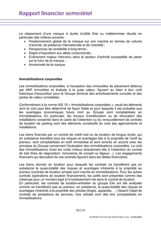 Rapport financier semestriel
58/119
RAPPORT FINANCIER SEMESTRIEL 2013 - EURAZEO
Le classement d’une marque à durée d’utilité finie ou indéterminée résulte en
particulier des critères suivants :
• Positionnement global de la marque sur son marché en termes de volume
d’activité, de présence internationale et de notoriété ;
• Perspectives de rentabilité à long terme ;
• Degré d’exposition aux aléas conjoncturels ;
• Evènement majeur intervenu dans le secteur d’activité susceptible de peser
sur le futur de la marque ;
• Ancienneté de la marque.
Immobilisations corporelles
Les immobilisations corporelles, à l’exception des immeubles de placement détenus
par ANF Immobilier et évalués à la juste valeur, figurent au bilan à leur coût
historique d'acquisition pour le Groupe diminué des amortissements cumulés et des
pertes de valeur constatées.
Conformément à la norme IAS 16 « Immobilisations corporelles », seuls les éléments
dont le coût peut être déterminé de façon fiable et pour lesquels il est probable que
les avantages économiques futurs iront au Groupe sont comptabilisés en
immobilisations. En particulier, les travaux d’amélioration ou de rénovation des
installations consentis dans le cadre de l’obtention ou du renouvellement de contrats
de location de parking sont des éléments constitutifs du coût des agencements et
installations.
Les biens financés par un contrat de crédit bail ou de location de longue durée, qui
en substance transfère tous les risques et avantages liés à la propriété de l’actif au
preneur, sont comptabilisés en actif immobilisé et sont amortis en accord avec les
principes du Groupe concernant l’évaluation des immobilisations corporelles. Le coût
des immobilisations inclut les coûts initiaux directement liés à l’obtention du contrat
de bail (frais de négociation, honoraires de conseil ou légaux…). Les engagements
financiers qui découlent de ces contrats figurent dans les dettes financières.
Les biens donnés en location pour lesquels les contrats ne transfèrent pas en
substance la quasi-totalité des risques et avantages inhérents à la propriété au
preneur (contrats de location simple) sont inscrits en immobilisations. Pour les autres
contrats (opérations de location financement), les actifs sont présentés comme des
créances pour un montant égal à l’investissement net dans le contrat de location.
En particulier, les contrats de location-entretien du groupe Elis ont été analysés
comme ne transférant pas au preneur, en substance, la quasi-totalité des risques et
avantages inhérents à la propriété des articles (linges, appareils, …) faisant l’objet de
contrats de prestations de services. Ces articles sont dès lors comptabilisés en
immobilisations.
 