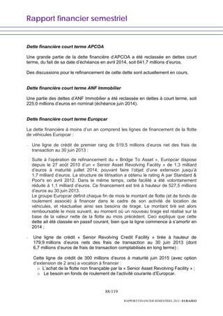 Rapport financier semestriel
88/119
RAPPORT FINANCIER SEMESTRIEL 2013 - EURAZEO
Dette financière court terme APCOA
Une grande partie de la dette financière d’APCOA a été reclassée en dettes court
terme, du fait de sa date d’échéance en avril 2014, soit 641,7 millions d’euros.
Des discussions pour le refinancement de cette dette sont actuellement en cours.
Dette financière court terme ANF Immobilier
Une partie des dettes d’ANF Immobilier a été reclassée en dettes à court terme, soit
225,0 millions d’euros en nominal (échéance juin 2014).
Dette financière court terme Europcar
La dette financière à moins d’un an comprend les lignes de financement de la flotte
de véhicules Europcar :
- Une ligne de crédit de premier rang de 519,5 millions d’euros net des frais de
transaction au 30 juin 2013 :
Suite à l’opération de refinancement du « Bridge To Asset », Europcar dispose
depuis le 27 août 2010 d’un « Senior Asset Revolving Facility » de 1,3 milliard
d’euros à maturité juillet 2014, pouvant faire l’objet d’une extension jusqu’à
1,7 milliard d’euros. La structure de titrisation a obtenu le rating A par Standard &
Poor's en avril 2012. Dans le même temps, cette facilité a été volontairement
réduite à 1,1 milliard d’euros. Ce financement est tiré à hauteur de 527,5 millions
d’euros au 30 juin 2013.
Le groupe Europcar définit chaque fin de mois le montant de flotte (et de fonds de
roulement associé) à financer dans le cadre de son activité de location de
véhicules, et réactualise ainsi ses besoins de tirage. Le montant tiré est alors
remboursable le mois suivant, au moment où un nouveau tirage est réalisé sur la
base de la valeur nette de la flotte au mois précédent. Ceci explique que cette
dette ait été classée en passif courant, bien que la ligne commence à s’amortir en
2014 ;
- Une ligne de crédit « Senior Revolving Credit Facility » tirée à hauteur de
179,9 millions d’euros nets des frais de transaction au 30 juin 2013 (dont
6,7 millions d’euros de frais de transaction comptabilisés en long terme) :
Cette ligne de crédit de 300 millions d’euros à maturité juin 2015 (avec option
d’extension de 2 ans) a vocation à financer :
o L’achat de la flotte non finançable par la « Senior Asset Revolving Facility » ;
o Le besoin en fonds de roulement de l’activité courante d’Europcar.
 