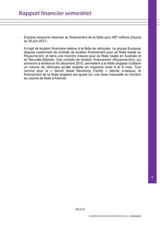 Rapport financier semestriel
89/119
RAPPORT FINANCIER SEMESTRIEL 2013 - EURAZEO
- D’autres emprunts réservés au financement de la flotte pour 487 millions d’euros
au 30 juin 2013 :
Il s’agit de location financière relative à la flotte de véhicules. Le groupe Europcar
dispose notamment de contrats de location financement pour sa filiale basée au
Royaume-Uni, et dans une moindre mesure pour sa filiale basée en Australie et
en Nouvelle-Zélande. Ces contrats de location financement (Royaume-Uni), qui
arriveront à échéance fin décembre 2015, permettent à la filiale anglaise d’obtenir
un volume de véhicules qu’elle exploite en moyenne entre 6 et 8 mois. Tout
comme pour la « Senior Asset Revolving Facility » décrite ci-dessus, le
financement de la filiale anglaise est ajusté sur une base mensuelle en fonction
du volume de flotte à financer.
7
 
