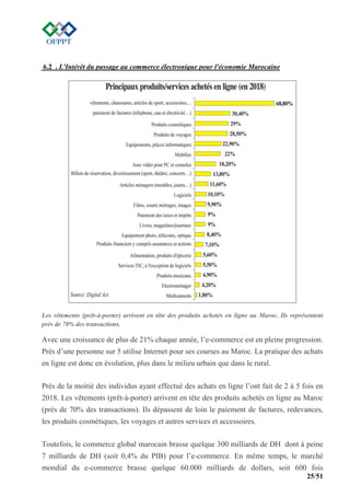 25/51
6.2 . L'Intérêt du passage au commerce électronique pour l'économie Marocaine
Les vêtements (prêt-à-porter) arrivent en tête des produits achetés en ligne au Maroc. Ils représentent
près de 70% des transactions.
Avec une croissance de plus de 21% chaque année, l’e-commerce est en pleine progression.
Près d’une personne sur 5 utilise Internet pour ses courses au Maroc. La pratique des achats
en ligne est donc en évolution, plus dans le milieu urbain que dans le rural.
Près de la moitié des individus ayant effectué des achats en ligne l’ont fait de 2 à 5 fois en
2018. Les vêtements (prêt-à-porter) arrivent en tête des produits achetés en ligne au Maroc
(près de 70% des transactions). Ils dépassent de loin le paiement de factures, redevances,
les produits cosmétiques, les voyages et autres services et accessoires.
Toutefois, le commerce global marocain brasse quelque 300 milliards de DH dont à peine
7 milliards de DH (soit 0,4% du PIB) pour l’e-commerce. En même temps, le marché
mondial du e-commerce brasse quelque 60.000 milliards de dollars, soit 600 fois
 