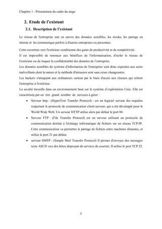 Chapitre 1 : Présentation du cadre du stage 
5 
2. Etude de l’existant 
2.1. Description de l’existant 
Le réseau de l'entreprise met en oeuvre des données sensibles, les stocke, les partage en 
interne et les communique parfois à d'autres entreprises ou personnes. 
Cette ouverture vers l'extérieur conditionne des gains de productivité et de compétitivité. 
Il est impossible de renoncer aux bénéfices de l'informatisation, d'isoler le réseau de 
l'extérieur ou de risquer la confidentialité des données de l’entreprise. 
Les données sensibles du système d'information de l'entreprise sont donc exposées aux actes 
malveillants dont la nature et la méthode d'intrusion sont sans cesse changeantes. 
Les hackers s'attaquent aux ordinateurs surtout par le biais d'accès aux réseaux qui relient 
l'entreprise à l'extérieur. 
La société travaille dans un environnement basé sur le système d’exploitation Unix. Elle est 
caractérisée par un très grand nombre de serveurs à gérer : 
 Serveur http : (HyperText Transfer Protocol) : est un logiciel servant des requêtes 
respectant le protocole de communication client-serveur, qui a été développé pour le 
World Wide Web. Un serveur HTTP utilise alors par défaut le port 80. 
 Serveur FTP : (File Transfer Protocol) est un serveur utilisant un protocole de 
communication destiné à l'échange informatique de fichiers sur un réseau TCP/IP. 
Cette communication va permettre le partage de fichiers entre machines distantes, et 
utilise le port 21 par défaut. 
 serveur SMTP : (Simple Mail Transfer Protocol) Il permet d'envoyer des messages 
texte ASCII vers des hôtes disposant de services de courrier, Il utilise le port TCP 25. 
 