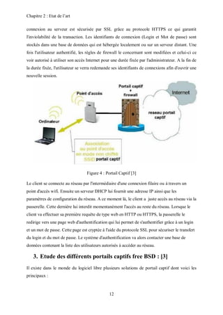 Chapitre 2 : Etat de l’art 
connexion au serveur est sécurisée par SSL grâce au protocole HTTPS ce qui garantit 
l'inviolabilité de la transaction. Les identifiants de connexion (Login et Mot de passe) sont 
stockés dans une base de données qui est hébergée localement ou sur un serveur distant. Une 
fois l'utilisateur authentifié, les règles de firewall le concernant sont modifiées et celui-ci ce 
voir autorisé à utiliser son accès Internet pour une durée fixée par l'administrateur. A la fin de 
la durée fixée, l'utilisateur se verra redemande ses identifiants de connexions afin d'ouvrir une 
nouvelle session. 
Figure 4 : Portail Captif [3] 
Le client se connecte au réseau par l'intermédiaire d'une connexion filaire ou à travers un 
point d'accès wifi. Ensuite un serveur DHCP lui fournit une adresse IP ainsi que les 
paramètres de configuration du réseau. A ce moment là, le client a juste accès au réseau via la 
passerelle. Cette dernière lui interdit momentanément l'accès au reste du réseau. Lorsque le 
client va effectuer sa première requête de type web en HTTP ou HTTPS, la passerelle le 
redirige vers une page web d'authentification qui lui permet de s'authentifier grâce à un login 
et un mot de passe. Cette page est cryptée à l'aide du protocole SSL pour sécuriser le transfert 
du login et du mot de passe. Le système d'authentification va alors contacter une base de 
données contenant la liste des utilisateurs autorisés à accéder au réseau. 
3. Etude des différents portails captifs free BSD : [3] 
Il existe dans le monde du logiciel libre plusieurs solutions de portail captif dont voici les 
principaux : 
12 
 