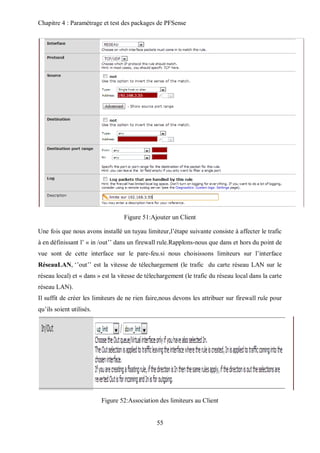Chapitre 4 : Paramétrage et test des packages de PFSense 
Figure 51:Ajouter un Client 
Une fois que nous avons installé un tuyau limiteur,l’étape suivante consiste à affecter le trafic 
à en définissant l’ « in /out’’ dans un firewall rule.Rapplons-nous que dans et hors du point de 
vue sont de cette interface sur le pare-feu.si nous choisissons limiteurs sur l’interface 
RéseauLAN, ‘’out’’ est la vitesse de télechargement (le trafic du carte réseau LAN sur le 
réseau local) et « dans » est la vitesse de télechargement (le trafic du réseau local dans la carte 
réseau LAN). 
Il suffit de créer les limiteurs de ne rien faire,nous devons les attribuer sur firewall rule pour 
qu’ils soient utilisés. 
Figure 52:Association des limiteurs au Client 
55 
 
