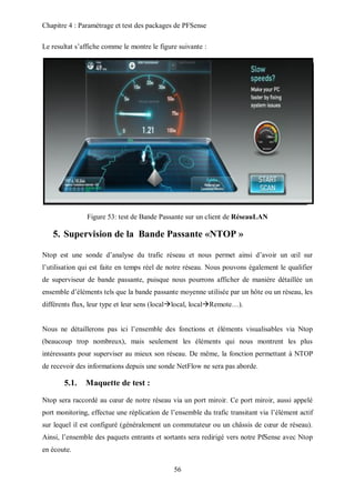 Chapitre 4 : Paramétrage et test des packages de PFSense 
Le resultat s’affiche comme le montre le figure suivante : 
Figure 53: test de Bande Passante sur un client de RéseauLAN 
5. Supervision de la Bande Passante «NTOP » 
Ntop est une sonde d’analyse du trafic réseau et nous permet ainsi d’avoir un oeil sur 
l’utilisation qui est faite en temps réel de notre réseau. Nous pouvons également le qualifier 
de superviseur de bande passante, puisque nous pourrons afficher de manière détaillée un 
ensemble d’éléments tels que la bande passante moyenne utilisée par un hôte ou un réseau, les 
différents flux, leur type et leur sens (locallocal, localRemote…). 
Nous ne détaillerons pas ici l’ensemble des fonctions et éléments visualisables via Ntop 
(beaucoup trop nombreux), mais seulement les éléments qui nous montrent les plus 
intéressants pour superviser au mieux son réseau. De même, la fonction permettant à NTOP 
de recevoir des informations depuis une sonde NetFlow ne sera pas aborde. 
56 
5.1. Maquette de test : 
Ntop sera raccordé au coeur de notre réseau via un port miroir. Ce port miroir, aussi appelé 
port monitoring, effectue une réplication de l’ensemble du trafic transitant via l’élément actif 
sur lequel il est configuré (généralement un commutateur ou un châssis de coeur de réseau). 
Ainsi, l’ensemble des paquets entrants et sortants sera redirigé vers notre PfSense avec Ntop 
en écoute. 
 
